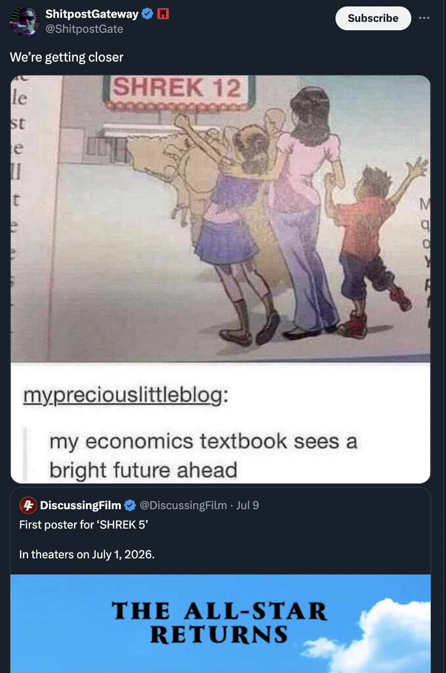 shrek movie textbook meme - ShitpostGateway We're getting closer le st e Shrek 12 Subscribe mypreciouslittleblog my economics textbook sees a bright future ahead DiscussingFilm First poster for "Shrek 5' DiscussingFilm Jul 9 In theaters on . The AllStar R